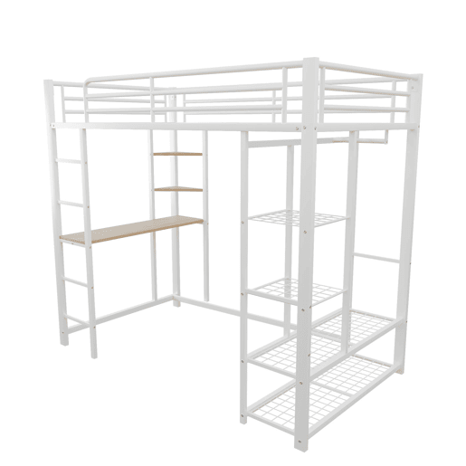 Cama mezzanine metálica 90x200 cm - com mesa e prateleiras - Branco Cama mezzanine metálica 90x200 cm - com mesa e prateleiras - Branco