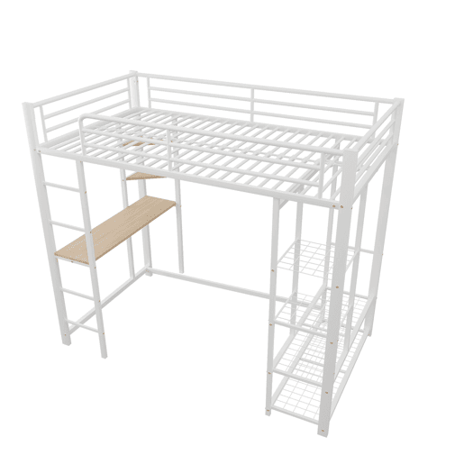 Cama mezzanine metálica 90x200 cm - com mesa e prateleiras - Branco Cama mezzanine metálica 90x200 cm - com mesa e prateleiras - Branco