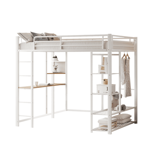 Cama mezzanine metálica 90x200 cm - com mesa e prateleiras - Branco Cama mezzanine metálica 90x200 cm - com mesa e prateleiras - Branco