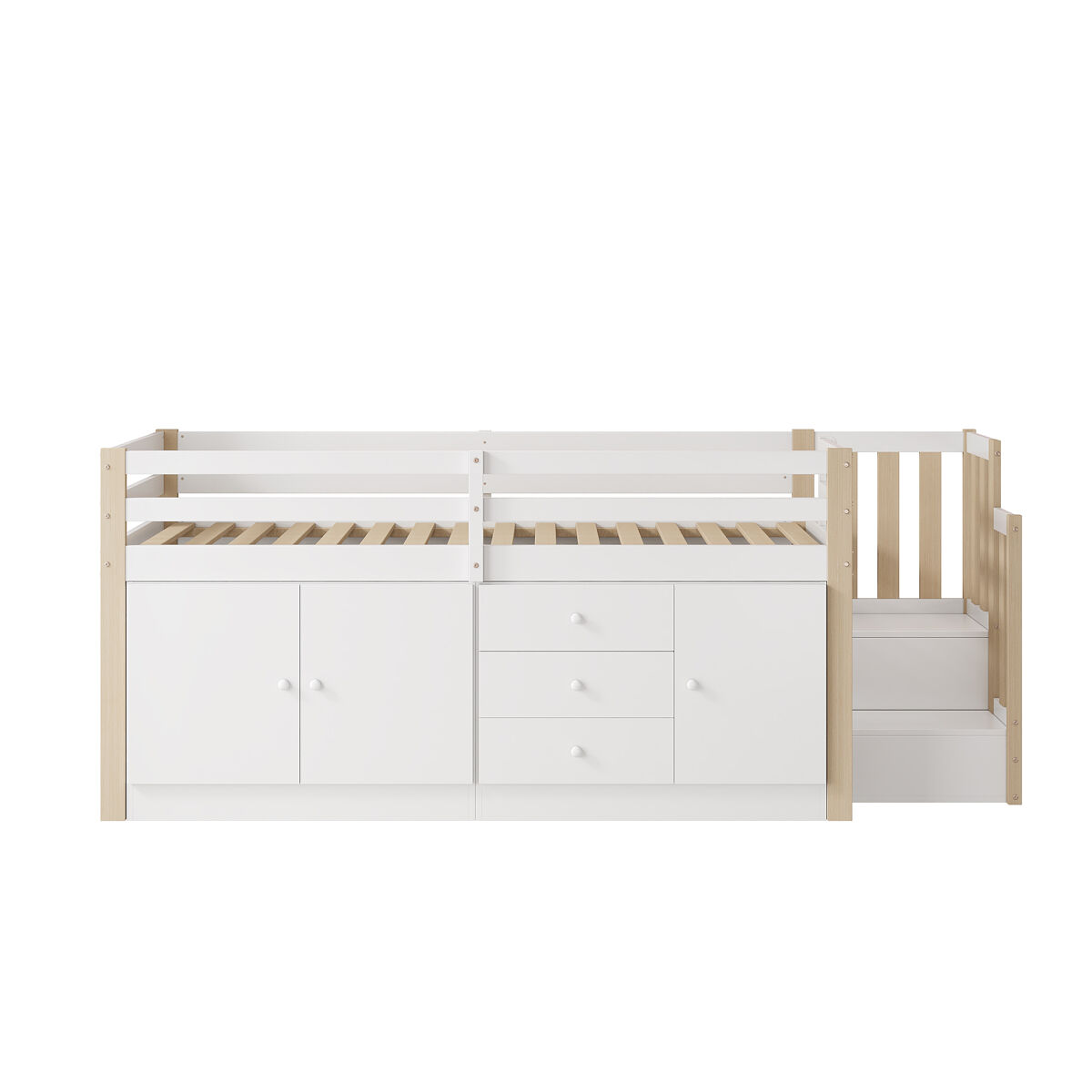 Cama alta infantil 90x200cm - con escalera, cajones, 2 armarios y barra de ropa - blanco