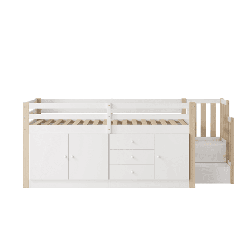 Cama alta infantil 90x200cm - com escada, gavetas, 2 armários e barra para roupa - Branco