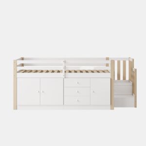 Cama alta infantil 90x200cm - com escada, gavetas, 2 armários e barra para roupa - Branco