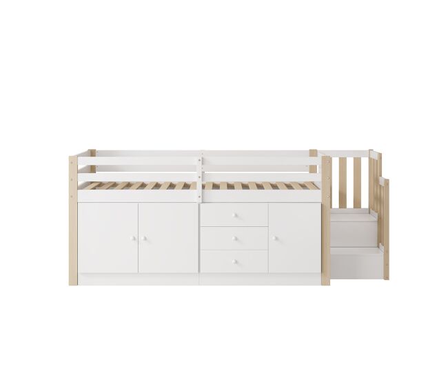 Cama alta infantil 90x200cm - con escalera, cajones, 2 armarios y barra de ropa - blanco