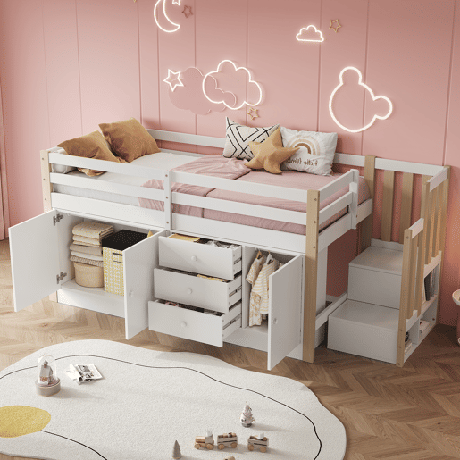 Cama alta infantil 90x200cm - com escada, gavetas, 2 armários e barra para roupa - Branco