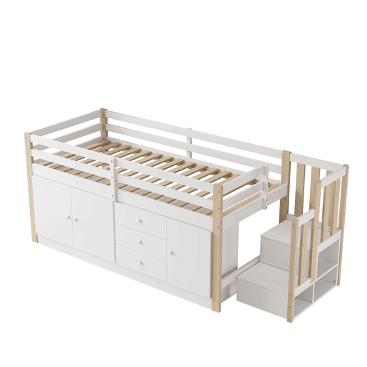 Cama alta infantil 90x200cm - com escada, gavetas, 2 armários e barra para roupa - Branco