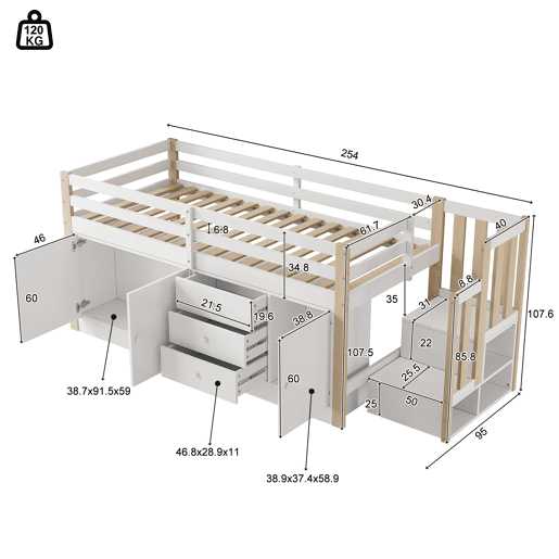 Cama alta infantil 90x200cm - com escada, gavetas, 2 armários e barra para roupa - Branco