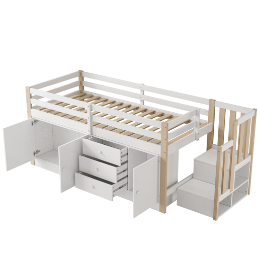 Cama alta infantil 90x200cm - com escada, gavetas, 2 armários e barra para roupa - Branco