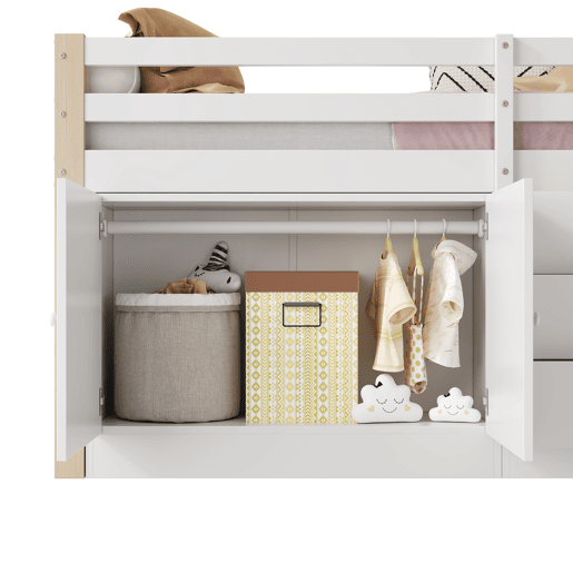 Cama alta infantil 90x200cm - com escada, gavetas, 2 armários e barra para roupa - Branco