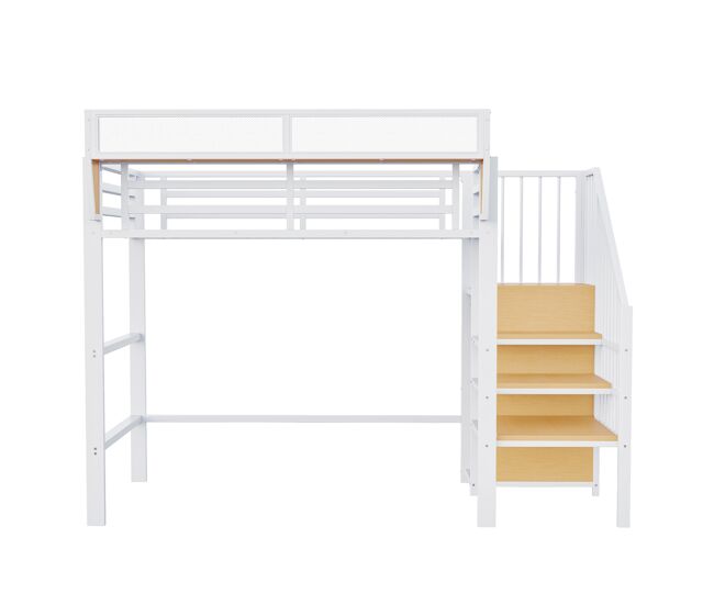 Cama alta 90x200 - con escalera de seguridad y compartimento de almacenamiento flexible - blanco