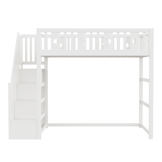 Cama alta infantil 90x200 - com escada, estrutura em madeira maciça, com corrimão de segurança, decoração com estrelas e lua - Branco Cama alta infantil 90x200 - com escada, estrutura em madeira maciça, com corrimão de segurança, decoração com estrelas e lua - Branco