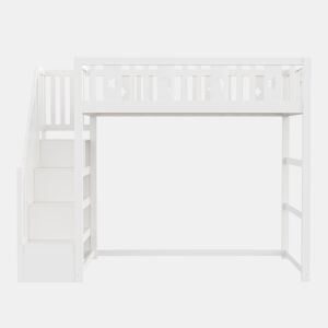 Cama alta infantil 90x200 - com escada, estrutura em madeira maciça, com corrimão de segurança, decoração com estrelas e lua - Branco