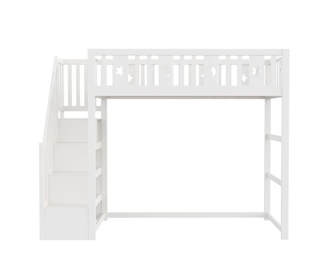 Cama alta infantil 90x200 - con escalera, estructura de madera maciza, con barandilla de seguridad, decoración de estrellas y luna - blanco