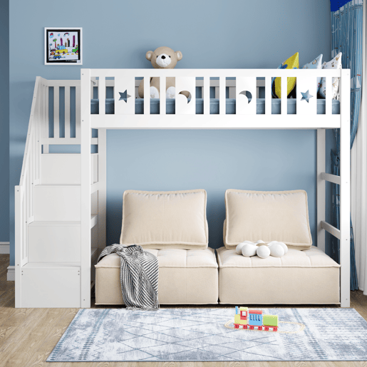 Cama alta infantil 90x200 - com escada, estrutura em madeira maciça, com corrimão de segurança, decoração com estrelas e lua - Branco Cama alta infantil 90x200 - com escada, estrutura em madeira maciça, com corrimão de segurança, decoração com estrelas e lua - Branco