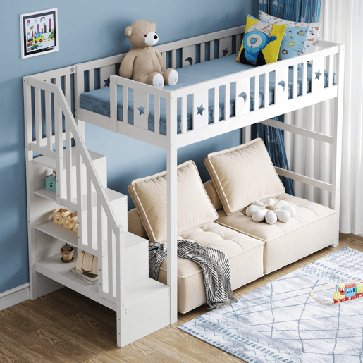 Cama alta infantil 90x200 - com escada, estrutura em madeira maciça, com corrimão de segurança, decoração com estrelas e lua - Branco Cama alta infantil 90x200 - com escada, estrutura em madeira maciça, com corrimão de segurança, decoração com estrelas e lua - Branco