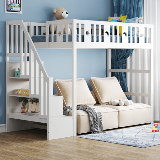Cama alta infantil 90x200 - com escada, estrutura em madeira maciça, com corrimão de segurança, decoração com estrelas e lua - Branco Cama alta infantil 90x200 - com escada, estrutura em madeira maciça, com corrimão de segurança, decoração com estrelas e lua - Branco