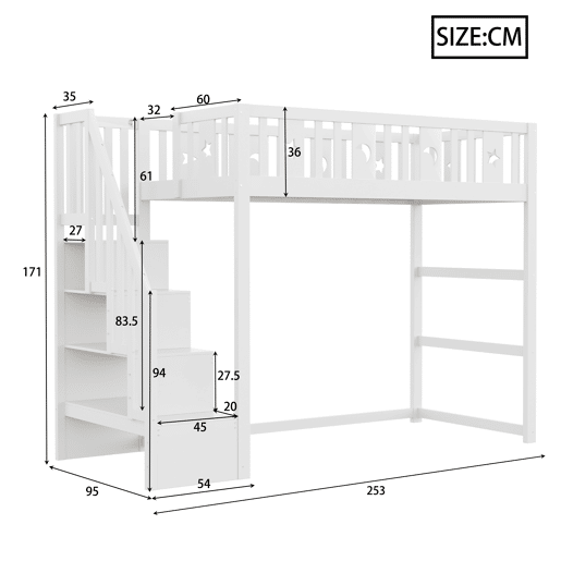 Cama alta infantil 90x200 - com escada, estrutura em madeira maciça, com corrimão de segurança, decoração com estrelas e lua - Branco Cama alta infantil 90x200 - com escada, estrutura em madeira maciça, com corrimão de segurança, decoração com estrelas e lua - Branco