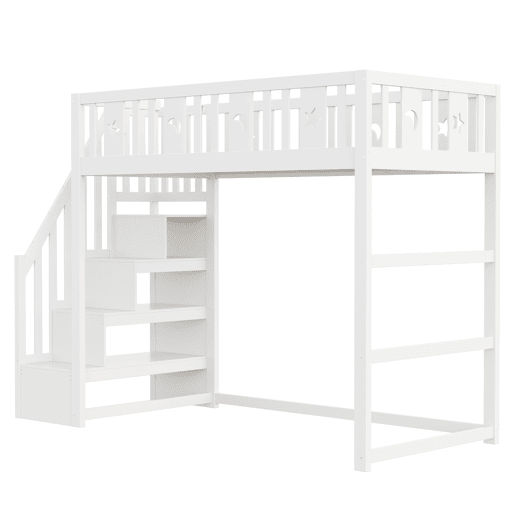 Cama alta infantil 90x200 - com escada, estrutura em madeira maciça, com corrimão de segurança, decoração com estrelas e lua - Branco Cama alta infantil 90x200 - com escada, estrutura em madeira maciça, com corrimão de segurança, decoração com estrelas e lua - Branco