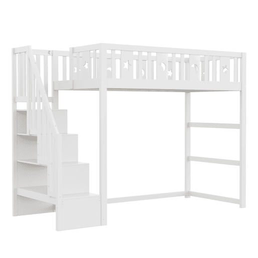 Cama alta infantil 90x200 - com escada, estrutura em madeira maciça, com corrimão de segurança, decoração com estrelas e lua - Branco Cama alta infantil 90x200 - com escada, estrutura em madeira maciça, com corrimão de segurança, decoração com estrelas e lua - Branco