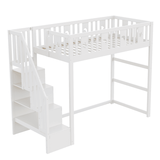 Cama alta infantil 90x200 - com escada, estrutura em madeira maciça, com corrimão de segurança, decoração com estrelas e lua - Branco Cama alta infantil 90x200 - com escada, estrutura em madeira maciça, com corrimão de segurança, decoração com estrelas e lua - Branco