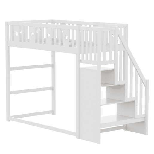 Cama alta infantil 90x200 - com escada, estrutura em madeira maciça, com corrimão de segurança, decoração com estrelas e lua - Branco Cama alta infantil 90x200 - com escada, estrutura em madeira maciça, com corrimão de segurança, decoração com estrelas e lua - Branco