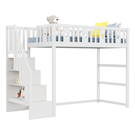Cama alta infantil 90x200 - com escada, estrutura em madeira maciça, com corrimão de segurança, decoração com estrelas e lua - Branco Cama alta infantil 90x200 - com escada, estrutura em madeira maciça, com corrimão de segurança, decoração com estrelas e lua - Branco