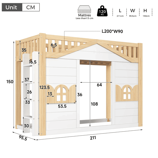 Beliche alto infantil 90x200 cm - cama em forma de casinha com janela, zona de jogos na parte inferior, estrutura em madeira - branco + natural