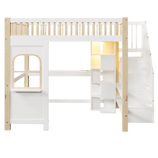Cama alta 140x200 cm - Com luzes LED, forma de janela, secretária, prateleira e tomada elétrica - Branco+Natural Cama alta 140x200 cm - Com luzes LED, forma de janela, secretária, prateleira e tomada elétrica - Branco+Natural