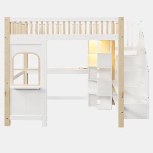 Cama alta 140x200 cm - Com luzes LED, forma de janela, secretária, prateleira e tomada elétrica - Branco+Natural