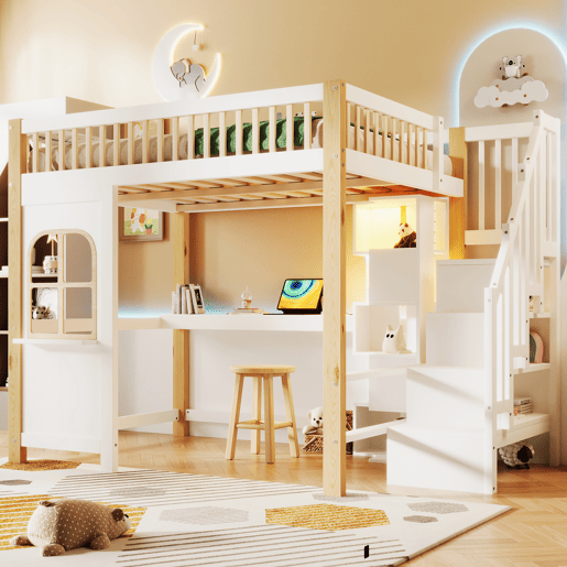 Cama alta 140x200 cm - Com luzes LED, forma de janela, secretária, prateleira e tomada elétrica - Branco+Natural Cama alta 140x200 cm - Com luzes LED, forma de janela, secretária, prateleira e tomada elétrica - Branco+Natural