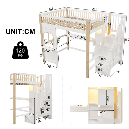 Cama alta 140x200 cm - Com luzes LED, forma de janela, secretária, prateleira e tomada elétrica - Branco+Natural Cama alta 140x200 cm - Com luzes LED, forma de janela, secretária, prateleira e tomada elétrica - Branco+Natural