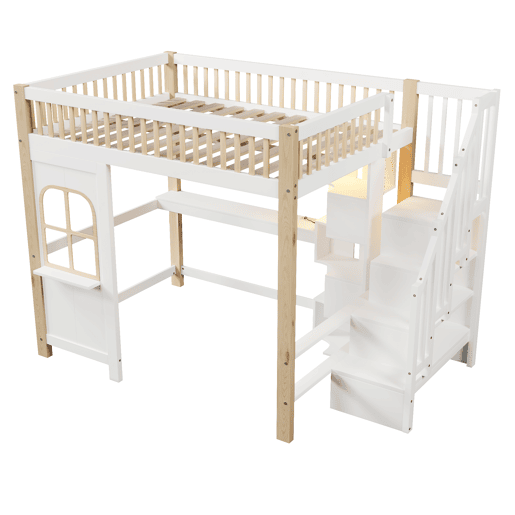 Cama alta 140x200 cm - Com luzes LED, forma de janela, secretária, prateleira e tomada elétrica - Branco+Natural Cama alta 140x200 cm - Com luzes LED, forma de janela, secretária, prateleira e tomada elétrica - Branco+Natural