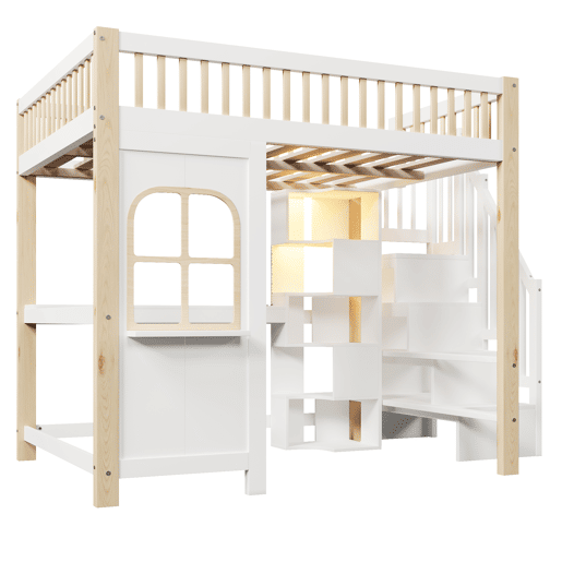 Cama alta 140x200 cm - Com luzes LED, forma de janela, secretária, prateleira e tomada elétrica - Branco+Natural Cama alta 140x200 cm - Com luzes LED, forma de janela, secretária, prateleira e tomada elétrica - Branco+Natural