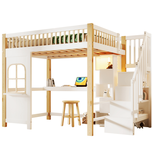 Cama alta 140x200 cm - Com luzes LED, forma de janela, secretária, prateleira e tomada elétrica - Branco+Natural Cama alta 140x200 cm - Com luzes LED, forma de janela, secretária, prateleira e tomada elétrica - Branco+Natural