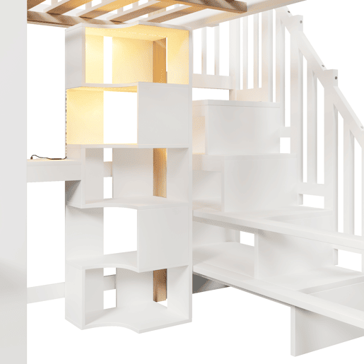 Cama alta 140x200 cm - Com luzes LED, forma de janela, secretária, prateleira e tomada elétrica - Branco+Natural Cama alta 140x200 cm - Com luzes LED, forma de janela, secretária, prateleira e tomada elétrica - Branco+Natural