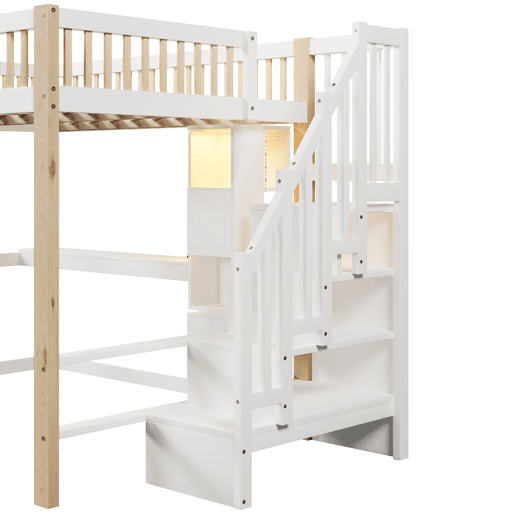 Cama alta 140x200 cm - Com luzes LED, forma de janela, secretária, prateleira e tomada elétrica - Branco+Natural Cama alta 140x200 cm - Com luzes LED, forma de janela, secretária, prateleira e tomada elétrica - Branco+Natural