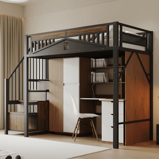 Cama alta metálica 90x200 cm - Casa de segurança única com janela, escada de segurança com armário - Preto