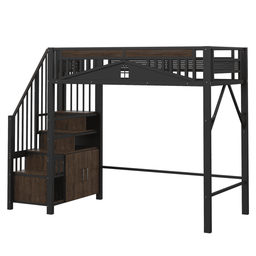 Cama alta metálica 90x200 cm - Casa de segurança única com janela, escada de segurança com armário - Preto