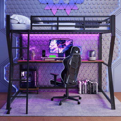 Cama alta 90x200cm - Com luzes LED, prateleira para consola, secretária, tomada + USB, grade, escada, sem colchão - Preto