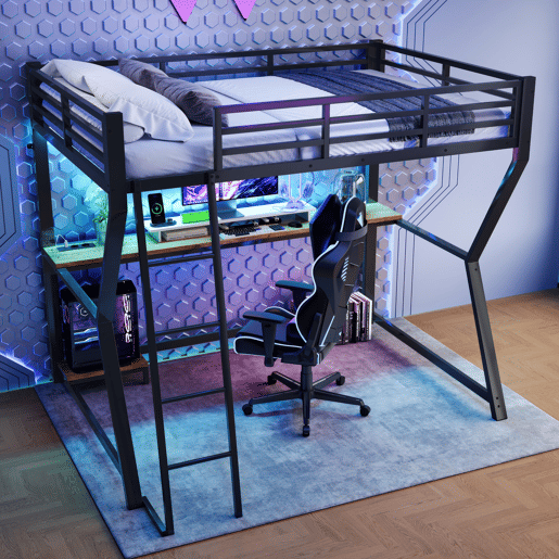 Cama alta 90x200cm - Com luzes LED, prateleira para consola, secretária, tomada + USB, grade, escada, sem colchão - Preto