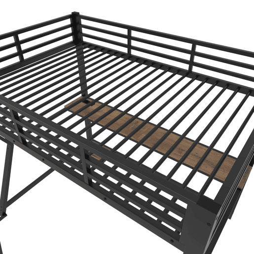 Cama alta 90x200cm - Com luzes LED, prateleira para consola, secretária, tomada + USB, grade, escada, sem colchão - Preto