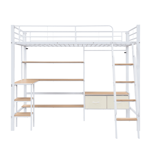 Cama loft 90x200cm - Inclui 2 caixas de arrumação, secretária, prateleira, escada inclinada - Branco+Natural Cama loft 90x200cm - Inclui 2 caixas de arrumação, secretária, prateleira, escada inclinada - Branco+Natural