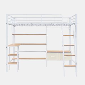 Cama loft 90x200cm - Inclui 2 caixas de arrumação, secretária, prateleira, escada inclinada - Branco+Natural
