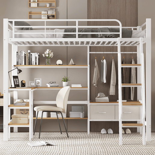 Cama loft 90x200cm - Inclui 2 caixas de arrumação, secretária, prateleira, escada inclinada - Branco+Natural Cama loft 90x200cm - Inclui 2 caixas de arrumação, secretária, prateleira, escada inclinada - Branco+Natural
