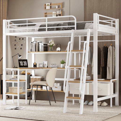 Cama loft 90x200cm - Inclui 2 caixas de arrumação, secretária, prateleira, escada inclinada - Branco+Natural Cama loft 90x200cm - Inclui 2 caixas de arrumação, secretária, prateleira, escada inclinada - Branco+Natural