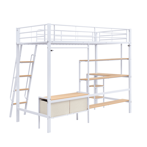 Cama loft 90x200cm - Inclui 2 caixas de arrumação, secretária, prateleira, escada inclinada - Branco+Natural Cama loft 90x200cm - Inclui 2 caixas de arrumação, secretária, prateleira, escada inclinada - Branco+Natural