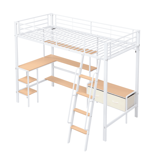 Cama loft 90x200cm - Inclui 2 caixas de arrumação, secretária, prateleira, escada inclinada - Branco+Natural Cama loft 90x200cm - Inclui 2 caixas de arrumação, secretária, prateleira, escada inclinada - Branco+Natural