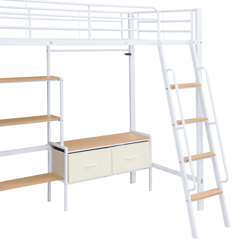 Cama loft 90x200cm - Inclui 2 caixas de arrumação, secretária, prateleira, escada inclinada - Branco+Natural Cama loft 90x200cm - Inclui 2 caixas de arrumação, secretária, prateleira, escada inclinada - Branco+Natural