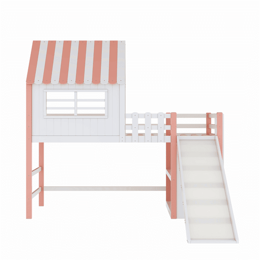 Cama alta infantil 90x200 cm - design ático, escada e rampa de segurança, prateleiras multifuncionais - rosa