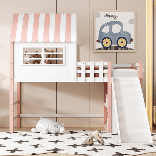 Cama alta infantil 90x200 cm - design ático, escada e rampa de segurança, prateleiras multifuncionais - rosa
