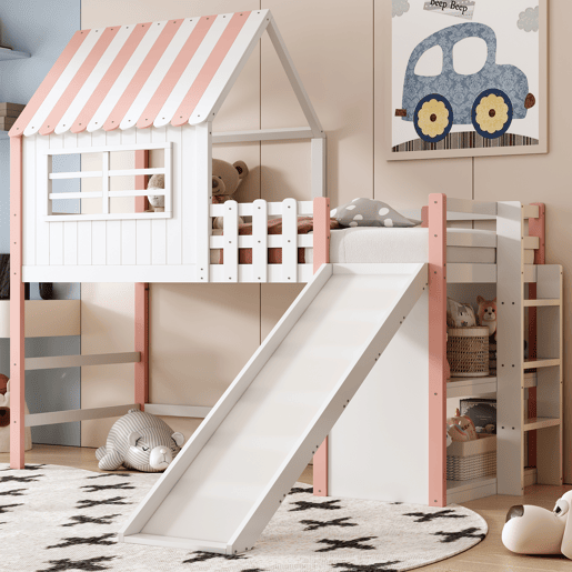 Cama alta infantil 90x200 cm - design ático, escada e rampa de segurança, prateleiras multifuncionais - rosa